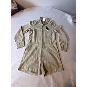 Monrow Utility Romper Women Size S Olive Drab New Long Sleeve Cotton Boiler Suit
